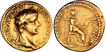 The gold aureus version of the “Tribute Penny” of Tiberius, RIC 25 (ex Romanorum stock)