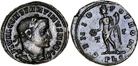 Follis of Constantine as Caesar issued from Lugdunum mint, PLG in exergue, RIC 221 (ex Romanorum stock)