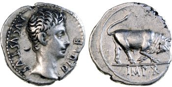 Denarius of Augustus with butting bull reverse, RIC 167a (ex Romanorum stock)