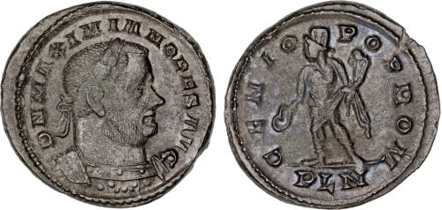 Follis of Maximianus from his controversial second reign, issued by his son-in-law Constantine from
        Londinium mint, RIC 90 (ex Romanorum stock)