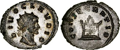 Postumus antoninianus of Claudius II Gothicus (Gallienus’ successor) issued from Milan, RIC 261 (ex Romanorum stock)